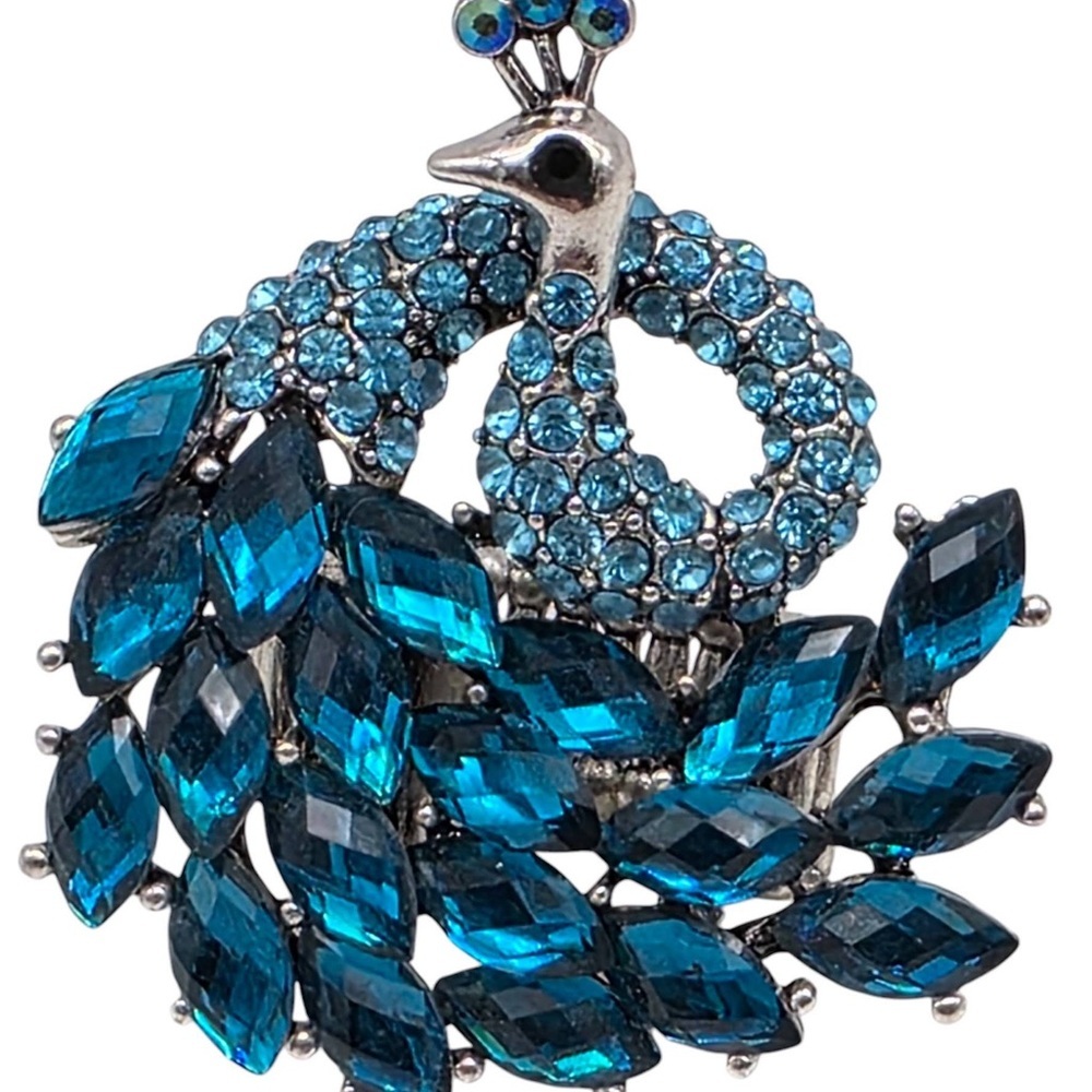 Peacock Blue Marquise Crystal Statement Ring Bold Glam Stretch Cocktail Rare - Picture 4 of 5